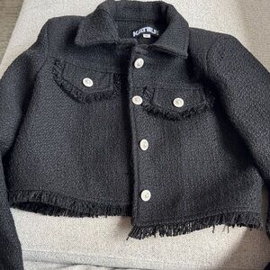 Katie J NYC Black Tweed Fringe Crop Jacket